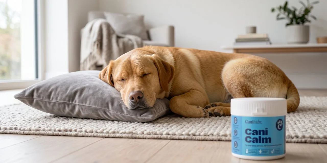 A Labrador asleep on a cushion in a bright living room, with a tub of Cani Calm on the floor beside it
