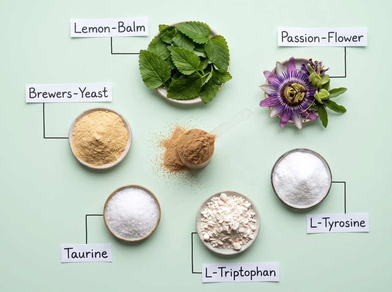 Cani Calm's ingredients laid out: lemon balm, passion flower, L-tyrosine, L-tryptophan, taurine and brewer's yeast